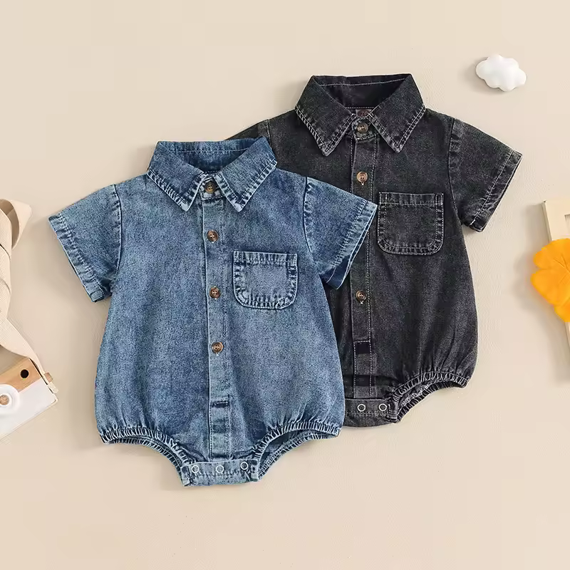 ילדים בנות ג 'ינס rompers צבע אחיד שרוול קצר להפוך-למטה כפתורים צווארון לחליטות קיץ