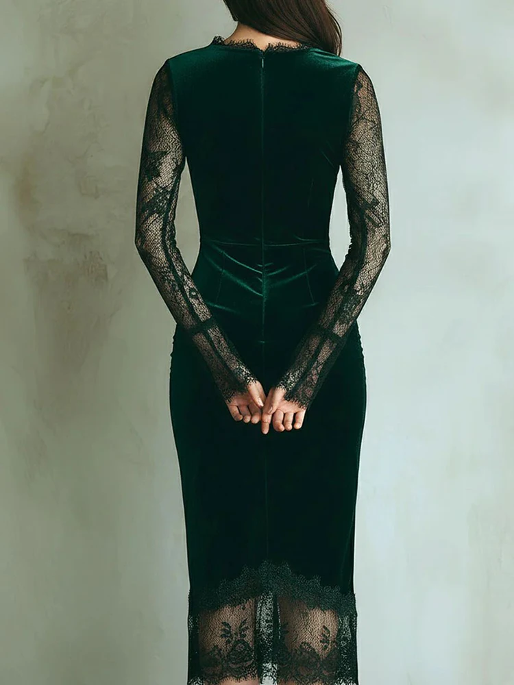 エレガントなヴィンテージグリーンベルベットの女性用カクテルドレス、セクシーなシースルーロングスリーブ、レースVネック、ボディコンパーティードレス、イブニングミディドレス