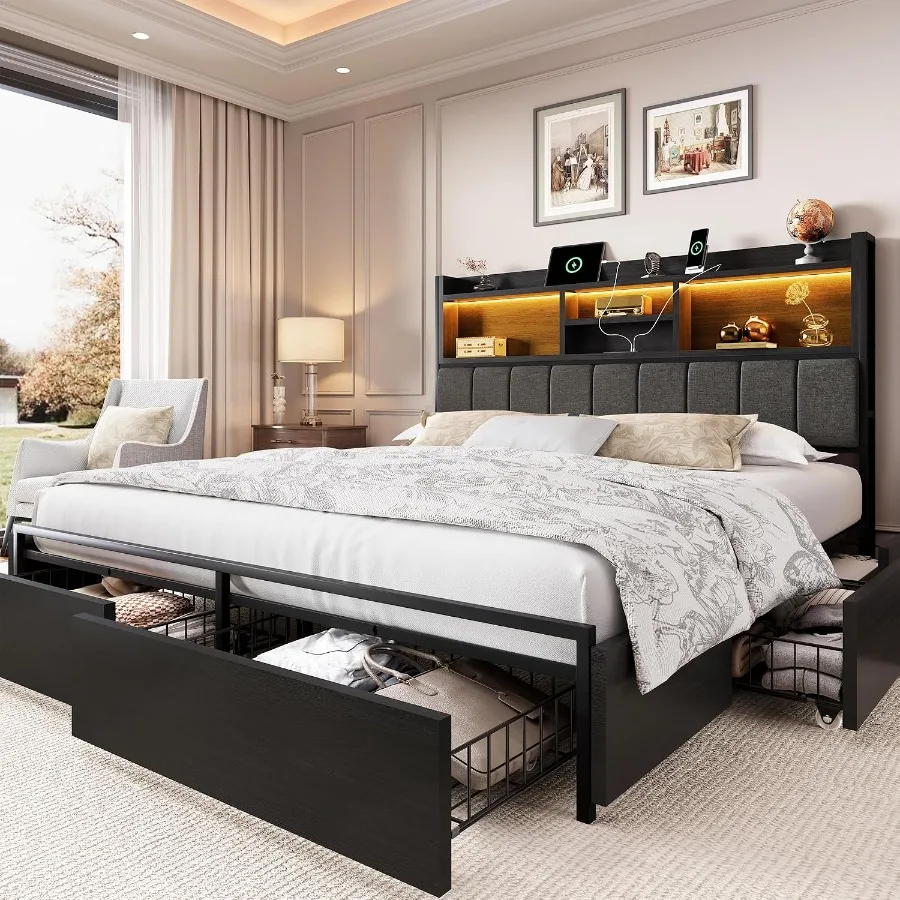 Bed Frame with 6 Storage Drawers, Bed Frame Size with Linen Upholstered Headboard, Built in Charging Station and LED, No Noise,