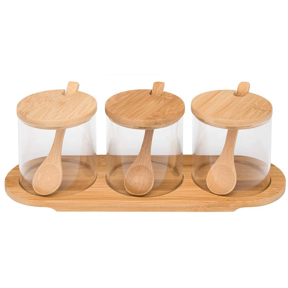 

Condiment Containers with Lids, 3 Pack Seasoning Containers with Lidsand Spoons, Spice Containers with Bamboo Tray Glass