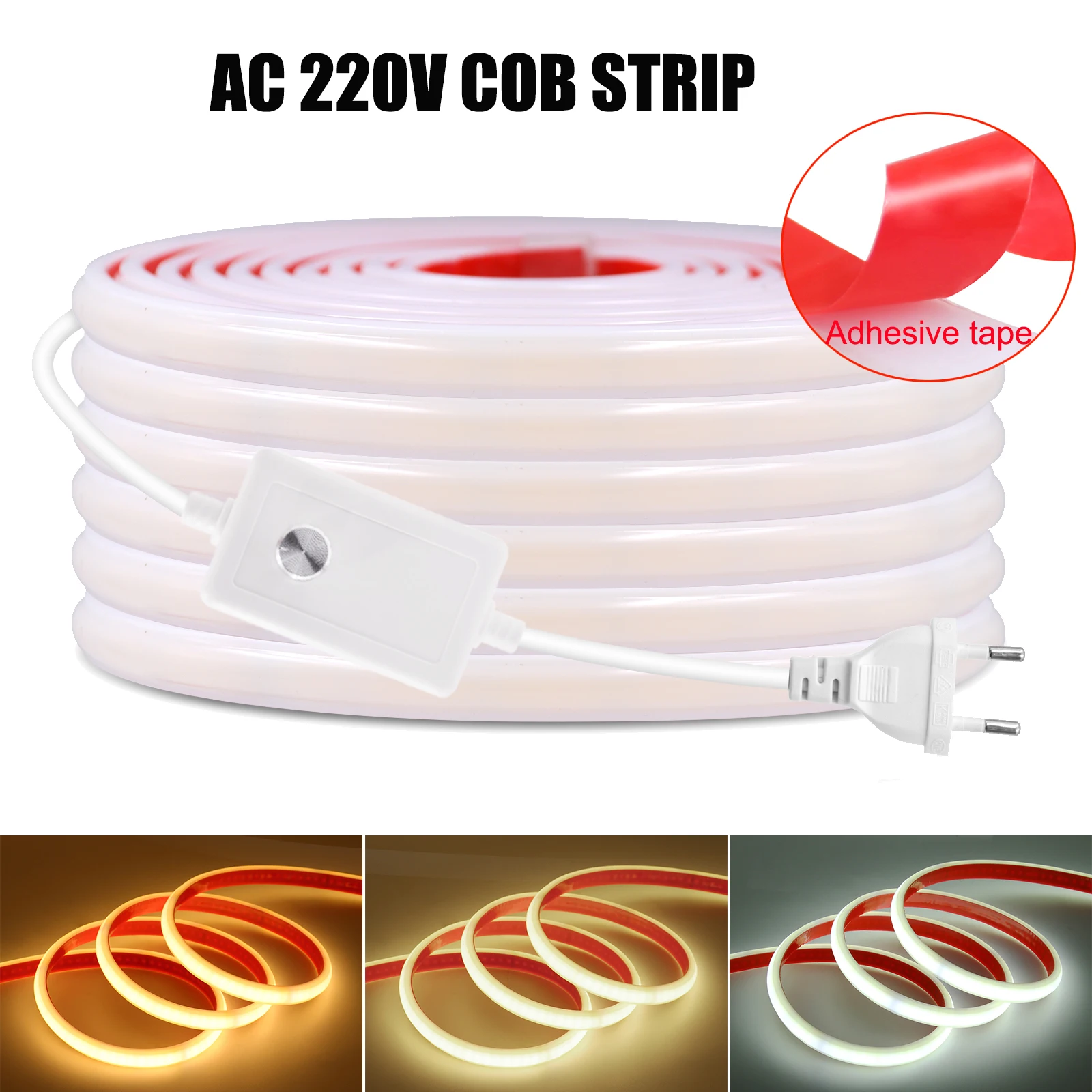 10CM Cuttable LED Strip 220V Flexible COB LED Strip Light with IC Rectifier 240LEDs Waterproof COB Lights with EU Plug