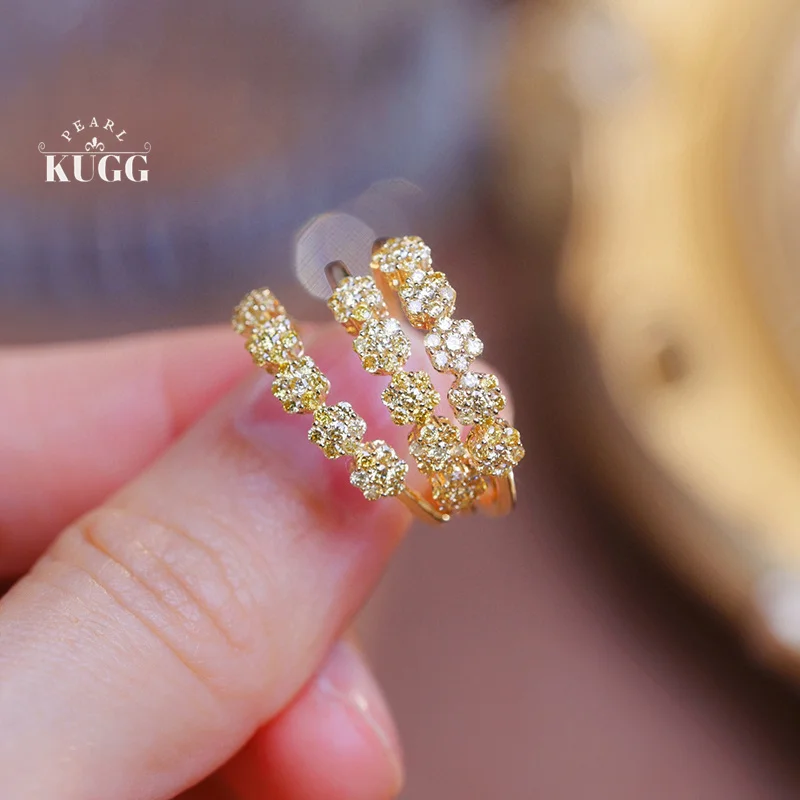 KUGG 18K Yellow Gold Rings Romantic Flower Design 0.32carat Real Natural Yellow Diamond Ring for Women High Engagement Jewelry