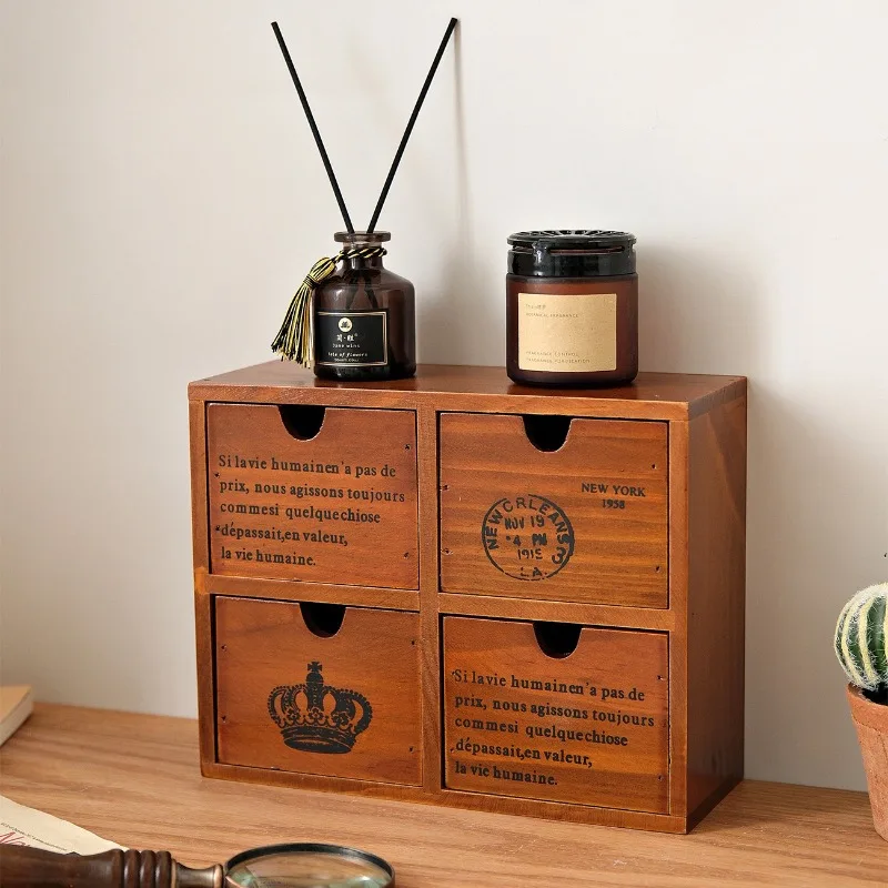 Wooden four-drawer storage cabinet, dormitory office desktop retro storage box, small countertop storage and finishing cabinet
