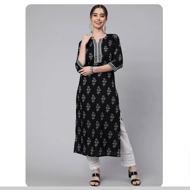 

Indian ethnic style mid length black seven quarter sleeved round neck thin cotton printed top