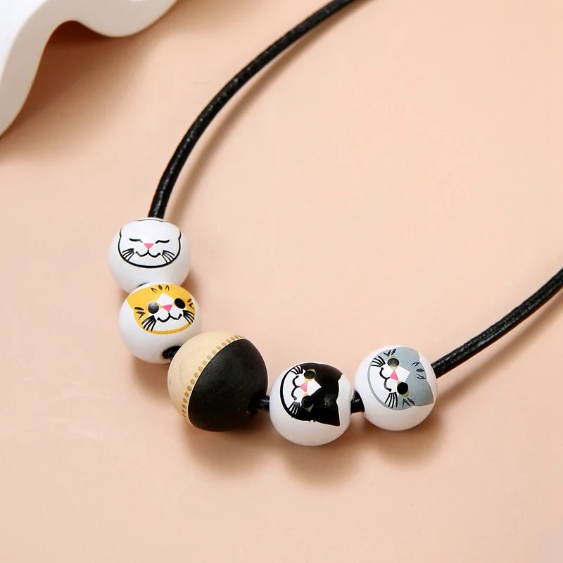 Cute Painted Cat Wood Bead Pendant Necklace Necklace Handmade Beaded Neck Chain Cross-border Accessories New First-hand Source
