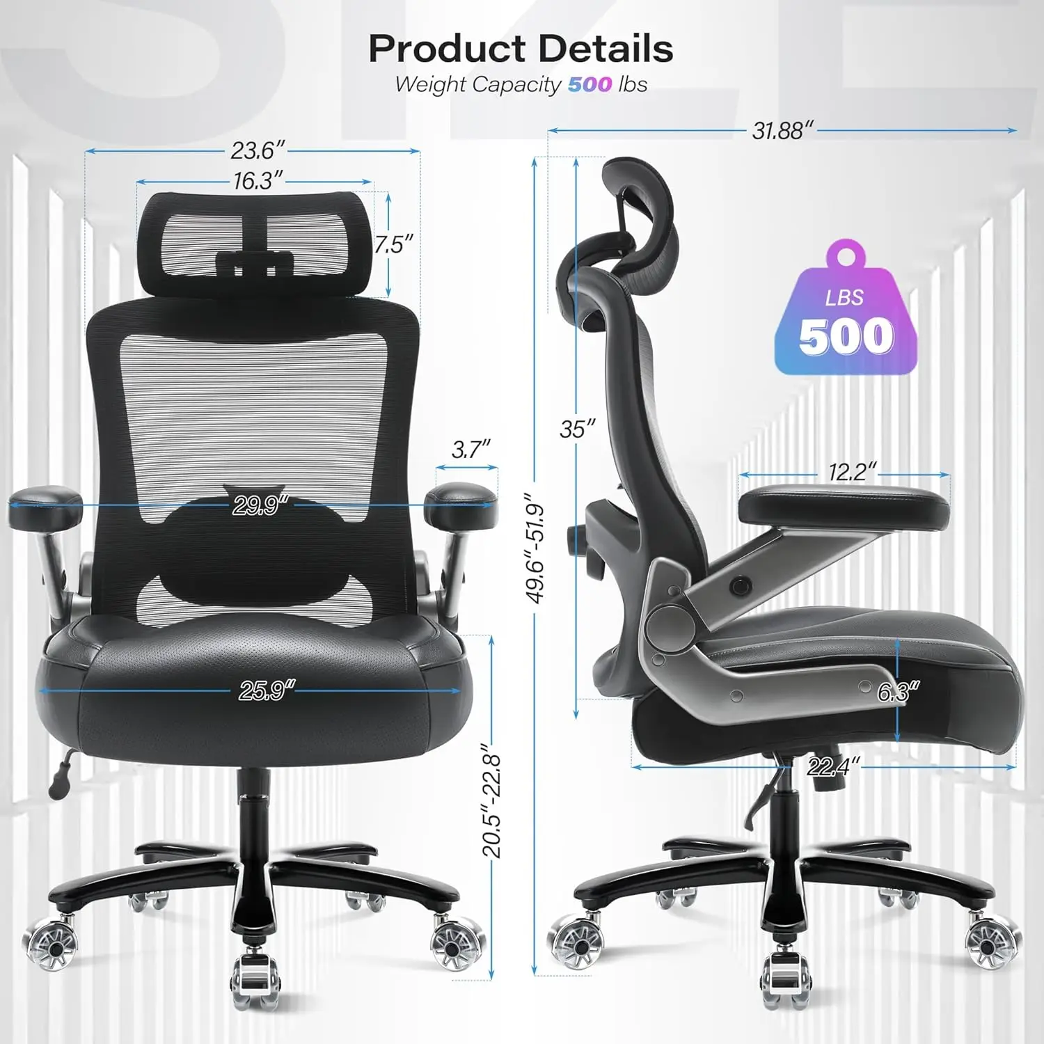 500lbs Big and Tall Office Chair- Heavy Duty Executive Computer Chair with 3D Flip Arms Large Wheels, Ergonomic Mesh High Back