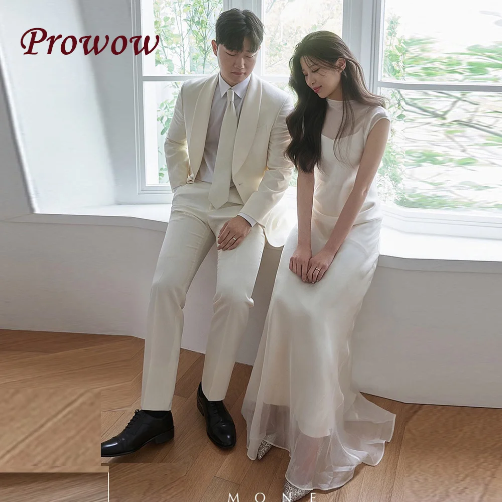

Prowow Elegant Korea Mermaid Wedding Dresses Set 웨딩드레스 Silk Organza Ivory Short Sleeves Customized Pretty Bridal Gowns Plus Size