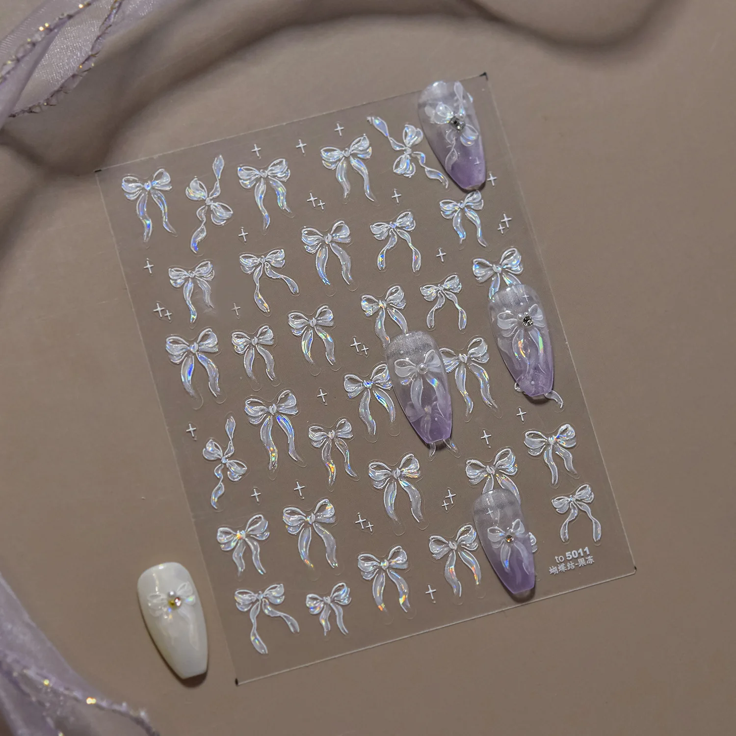 1 unidad de calcomanías de uñas blancas iridiscentes con luz de concha 5D, pegatinas de uñas con lazo de gelatina Aurora, lazos de cinta, bodas, ocasiones especiales, manicura *