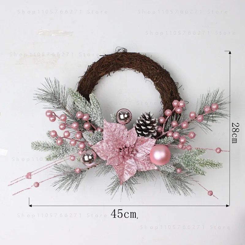 1pcs Christmas Explosion  Pink Christmas Flower Electroplated Ball Snow Cream Flocking PE Pine Needle Rattan Wreath Rattan