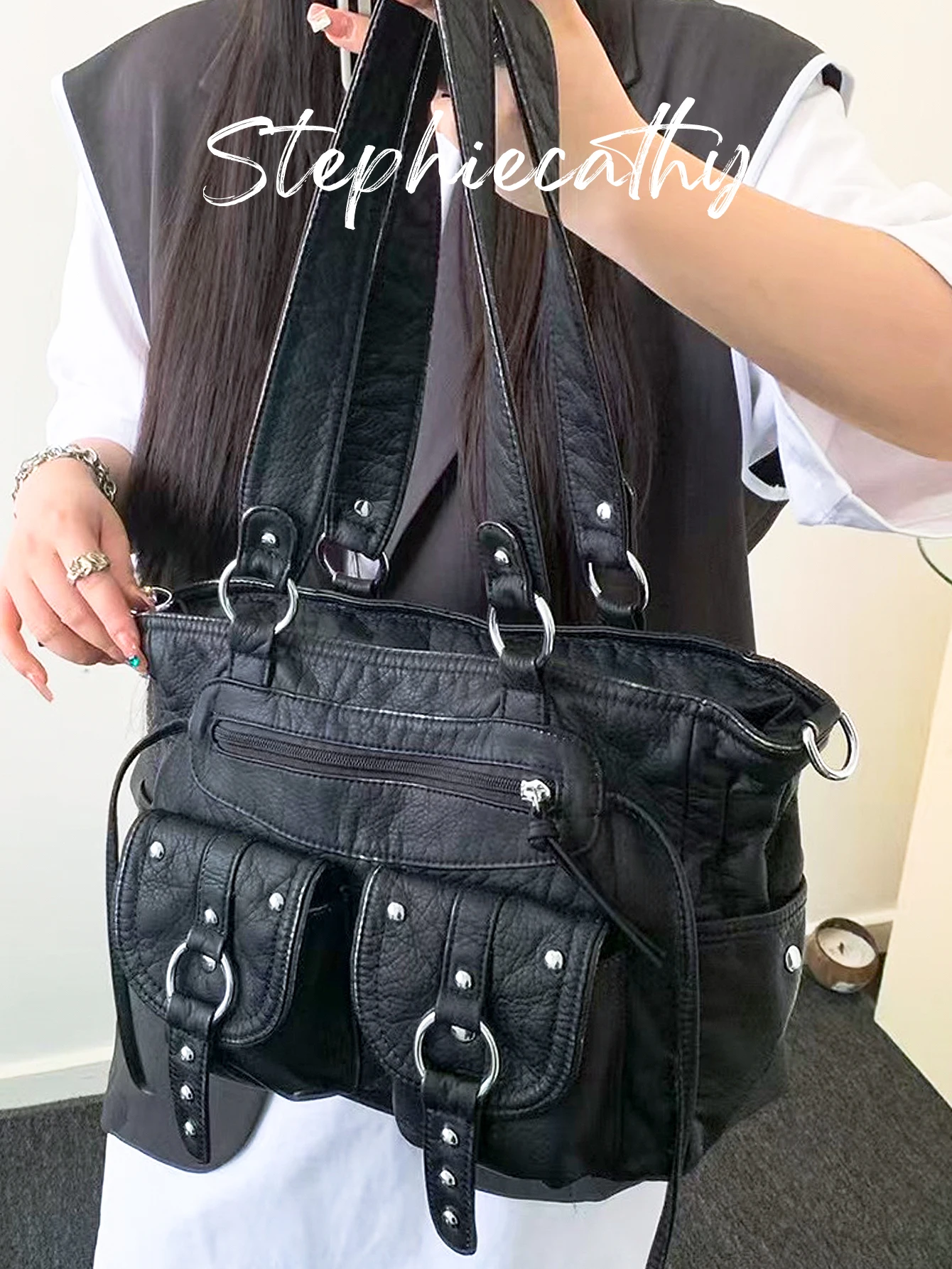 

SC Women Cool Fashion Slouchy Washed PU Leather Studded Belts Handbag Street Style Rivets Multi Pockets Cross body Shoulder Bag