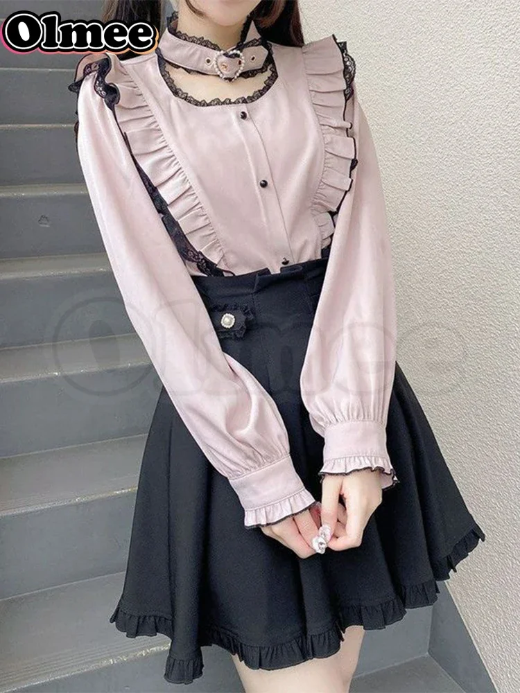 [Olmee] In Stock Roji Jirai Kei Neck Ring Lace Shirt Japanese Basic Pink Lolita Kawaii Sweet Cute Mine Style Kawaii y2k Big Size