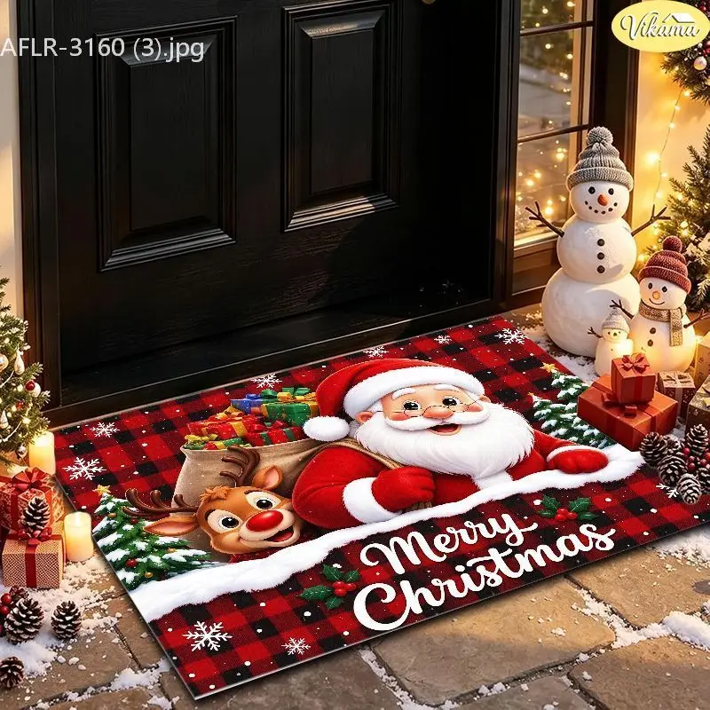 VIKAMA Buffalo Plaid Santa Peeking Entryway Rug Non Slip Low Profile Mats for Outside Front Door Xmas Winter Decor Soft