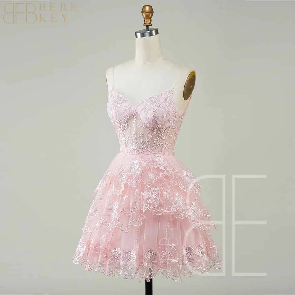 

Cute A Line Spaghetti Straps Pink Sparkly Corset Homecoming Dress Above Knee Prom Party Gown New In Formal Dress robe de soiree