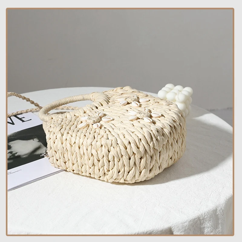 Handmade Half-Round Woven Artificial Straw Bag Women Messenger Crossbody Bags Girls Small Beach Handbag Coffee Color