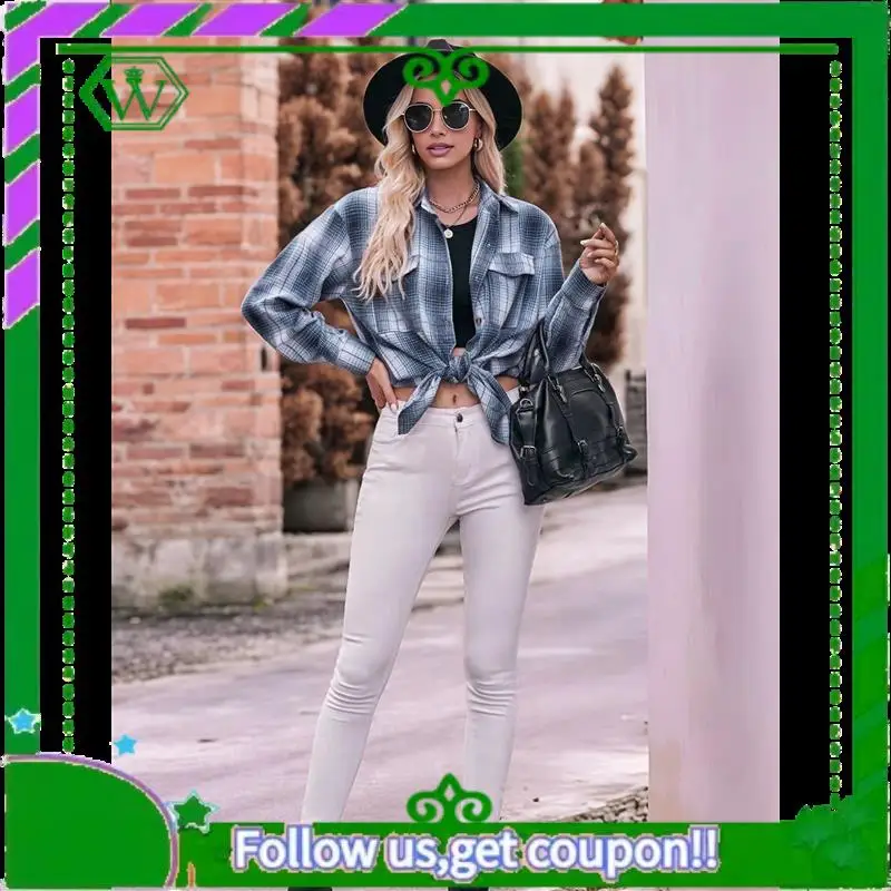 A18P-Damen-Flanell-Karohemd mit Knopfleiste, übergroßes, langärmliges, kurzärmliges Jackenoberteil