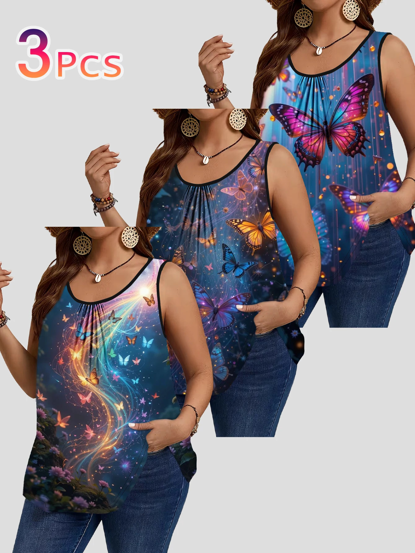 3-Piece Set of Flowing Forest Butterfly Print Sleeveless Vests for Women, Large Size, Round Neck, Pleated, Loose-Fitting, Casual Tank Tops for Outerwear