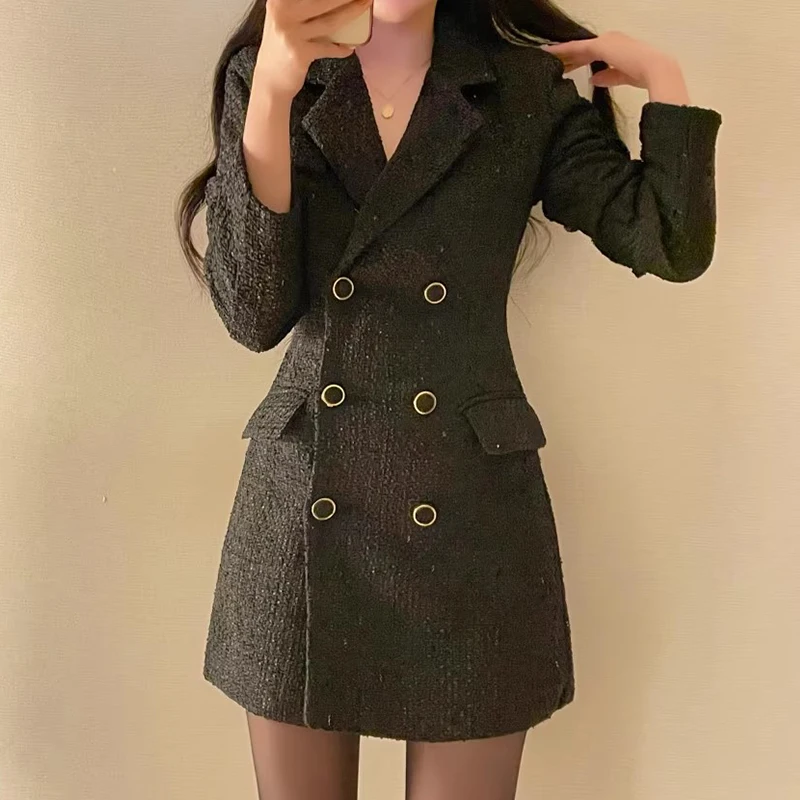 Notched Botton Tweed Dress Mini Party Vintage Elegant Black Korean Club Vestido Curto Autumn 2024 Winter Slim Jacket Sukienka