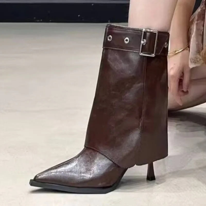 

Pointed Toe Women High Heels Ankle Boots Fashion Buckle 2025 Winter Shoes Designer Elegant Chelsea Short Boots Dress Party Pumps