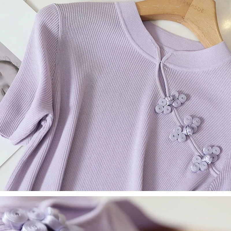 Summer New Round Neck Fashion Short Sleeve T-Shirts Women High Street Elegant Knitting Pullovers Solid Color All-match Chic Top