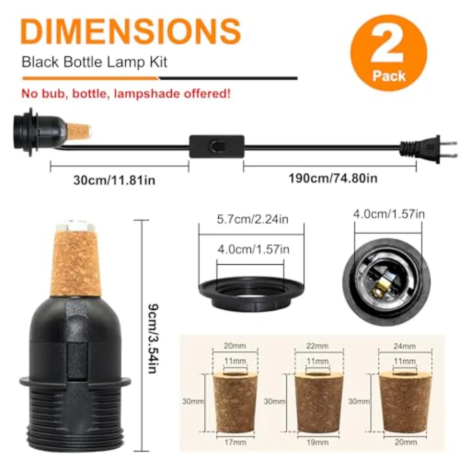 Adaptor Kit, 2 Pack Kits, Black DIY Lamp Fittings Kit for Table Lamp, E27 Light Bulb Adapter with 8 Feet Plug in Cord, E26 Wine
