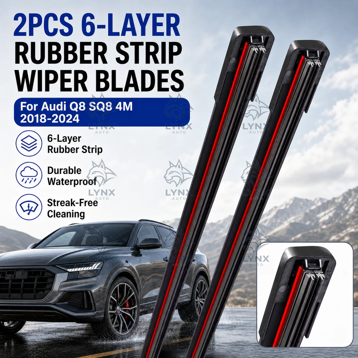 

2Pcs 6-Layer Rubber Strip Windshield Wiper Blade Front Car Cleaning Replacement For Audi Q8 SQ8 4M 2018-2024 Auto Parts