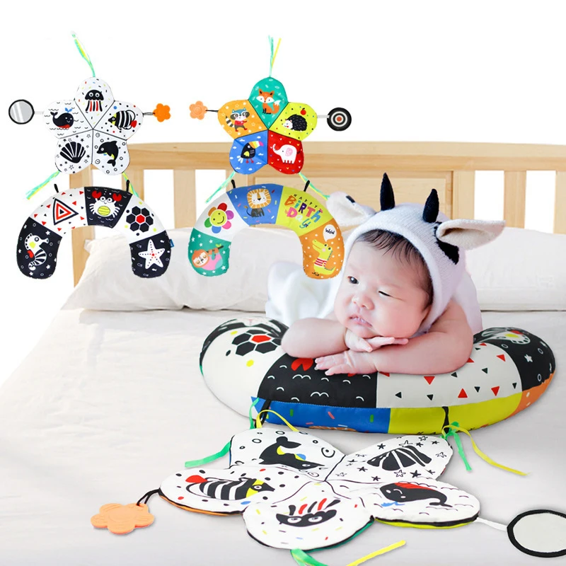 Baby Rattle Plush ของเล่นตุ๊กตาสัตว์ Rattle เสียงสีดําสีขาว Shaker แหวนของเล่นพัฒนาการ Hand Grip ของเล่น 0 12 เดือน