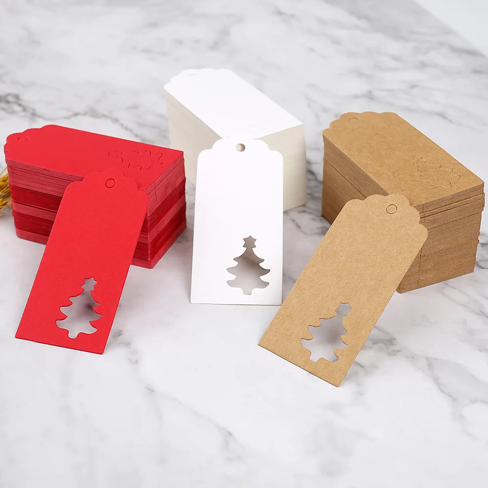 50 pezzi di etichette di carta con albero di cervo scavato e neve, etichette regalo di Natale, caramelle, biscotti, sacchetti, etichette appese in