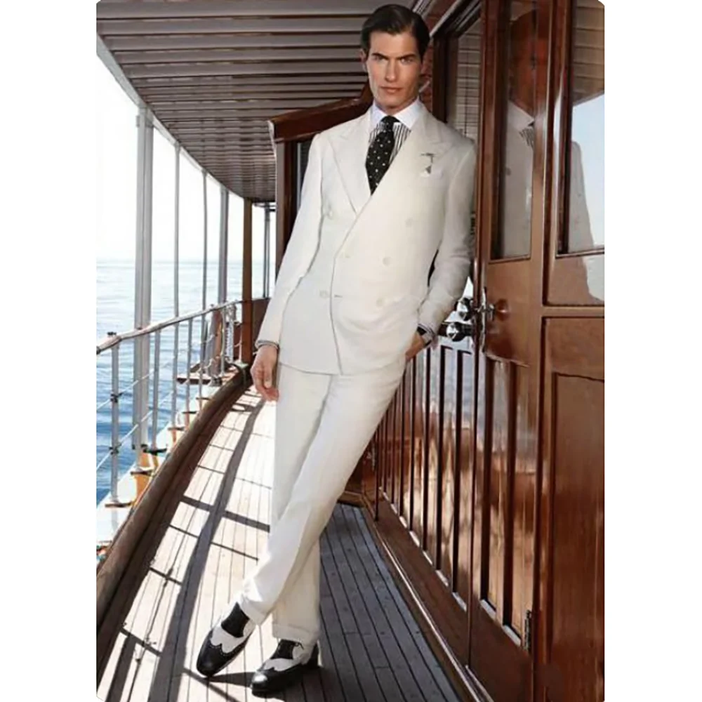 

White Men Suits 2 Piecs Jacket Pants Peak Lapel Double Breasted Wedding Groom Suits Dinner Party Male Clothing