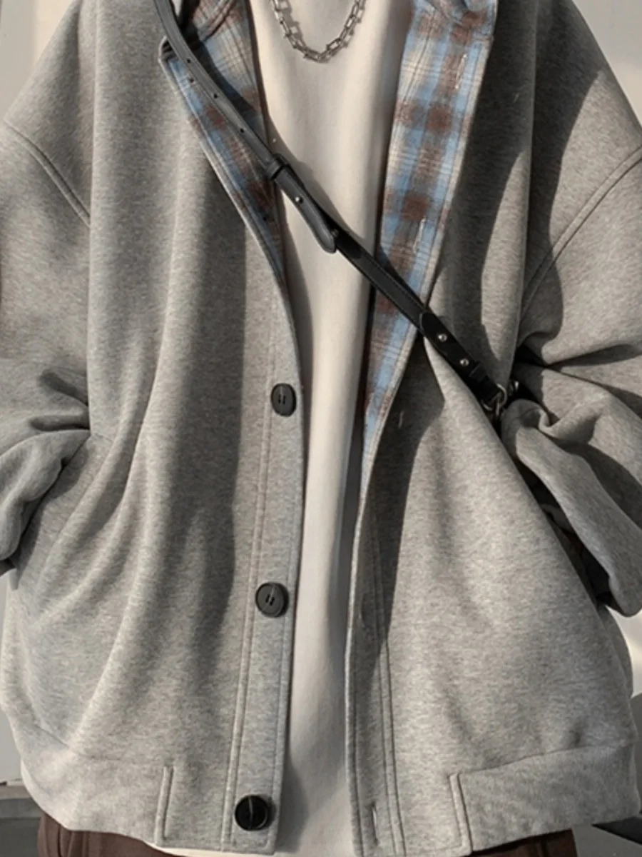 American Retro Plaid Hoodie Men's Loose Couple Outerwear Autumn Cardigan Long Sve Polyester Fiber Casual Sle Jaet