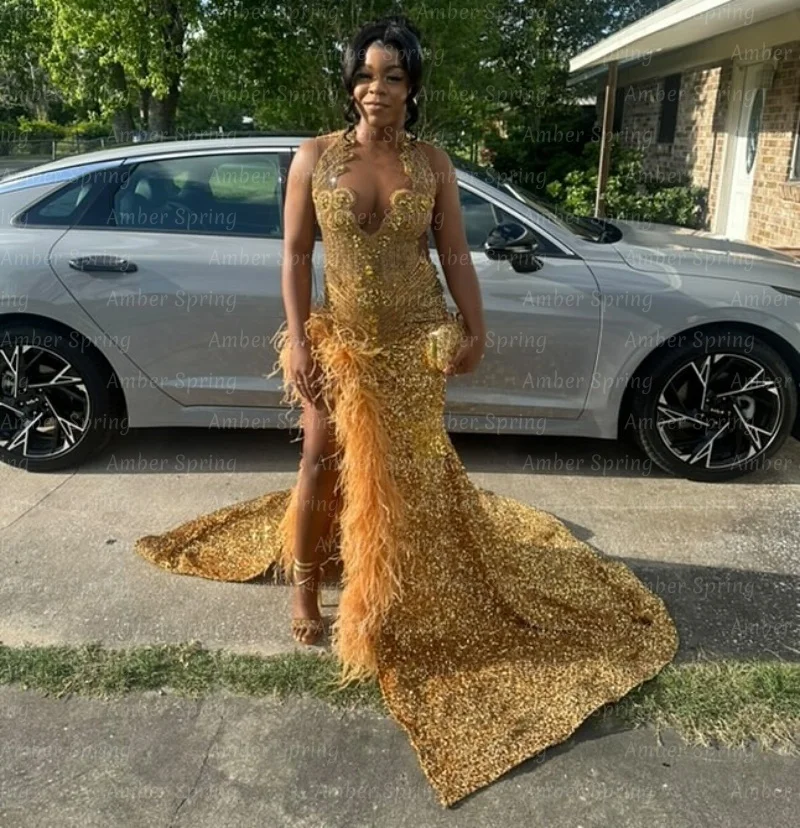 

Shiny Gold Diamonds Prom Dress Glitter Crystals Beads Sequins Birthday Party Gown Feathers Slit Evening Dress Customized