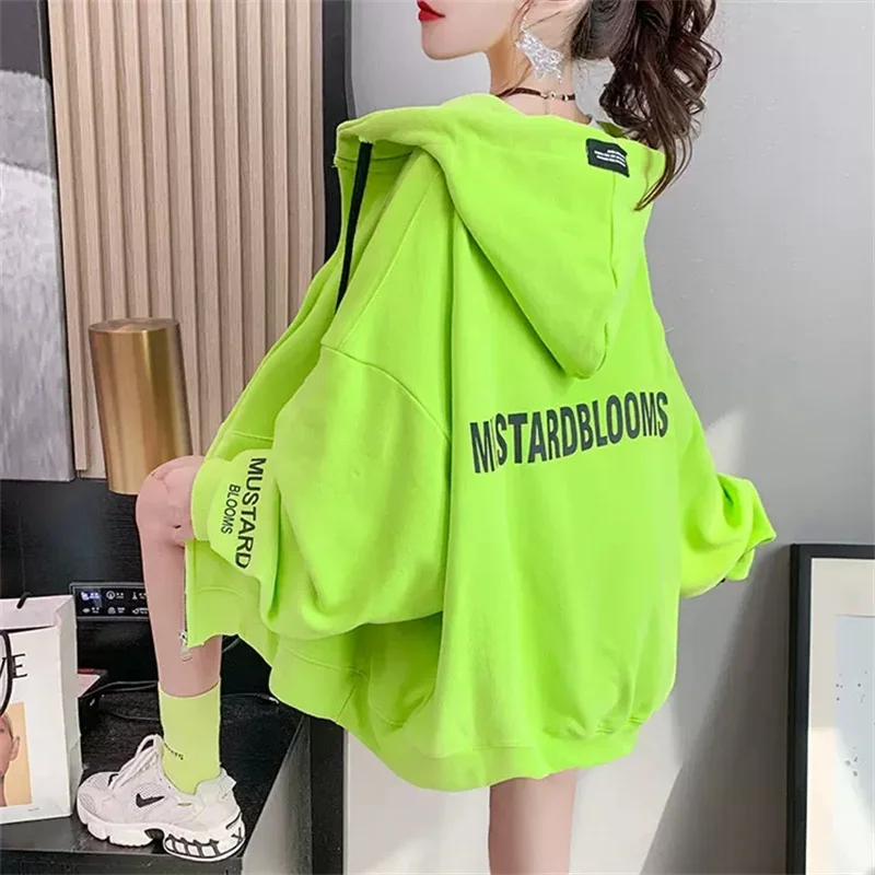 

Western Style Zippered Hoodie Women's Loose Fitting Korean Version Medium Length Green 2024 Spring Autumn New Coat Popular Trend