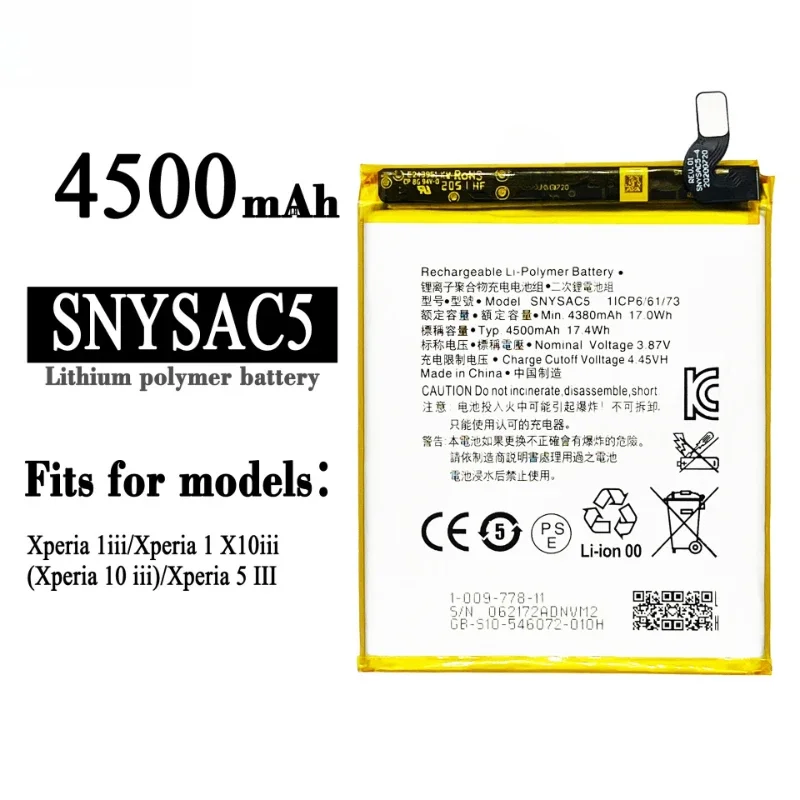SNYSAC5 3.87V 4500mAh 17.4Wh Li-ion Replacement Battery for S ony Xperia 1 III 10 III 5 III XQ-BT52 XQ-BC72 XQ-BC62 Smartphone