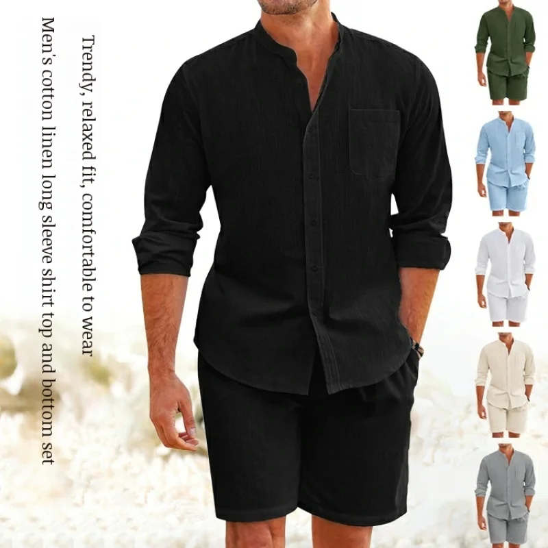 Men's Summer Cotton Linen Cardigan Shorts Set Comfortable Long Sleeve Cotton Linen Beachwear Set