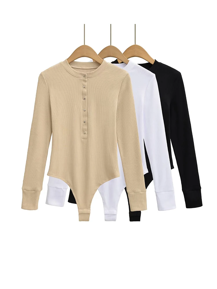 

Women Rib Knitted Long Sleeve Bodysuits O-neck Buttons Long Sleeve Tops Jumpsuits