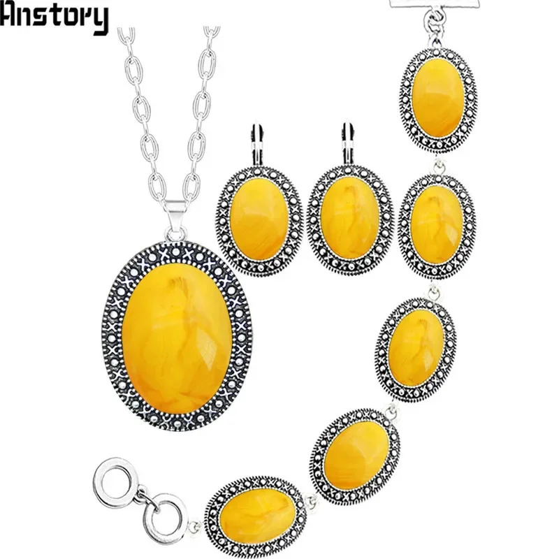 Oval Simulated Beeswax Jewelry Set Antique Silver Plated   Necklace Earrings Bracelet Fashion Jewelry TS414