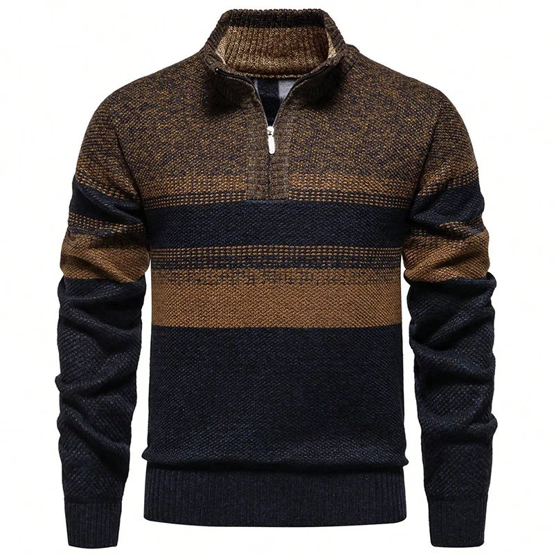 New Mens Knit Sweater American Half Zip Fleeced Knitwear Men's Stand Collar Casual Sweaters Pullovers