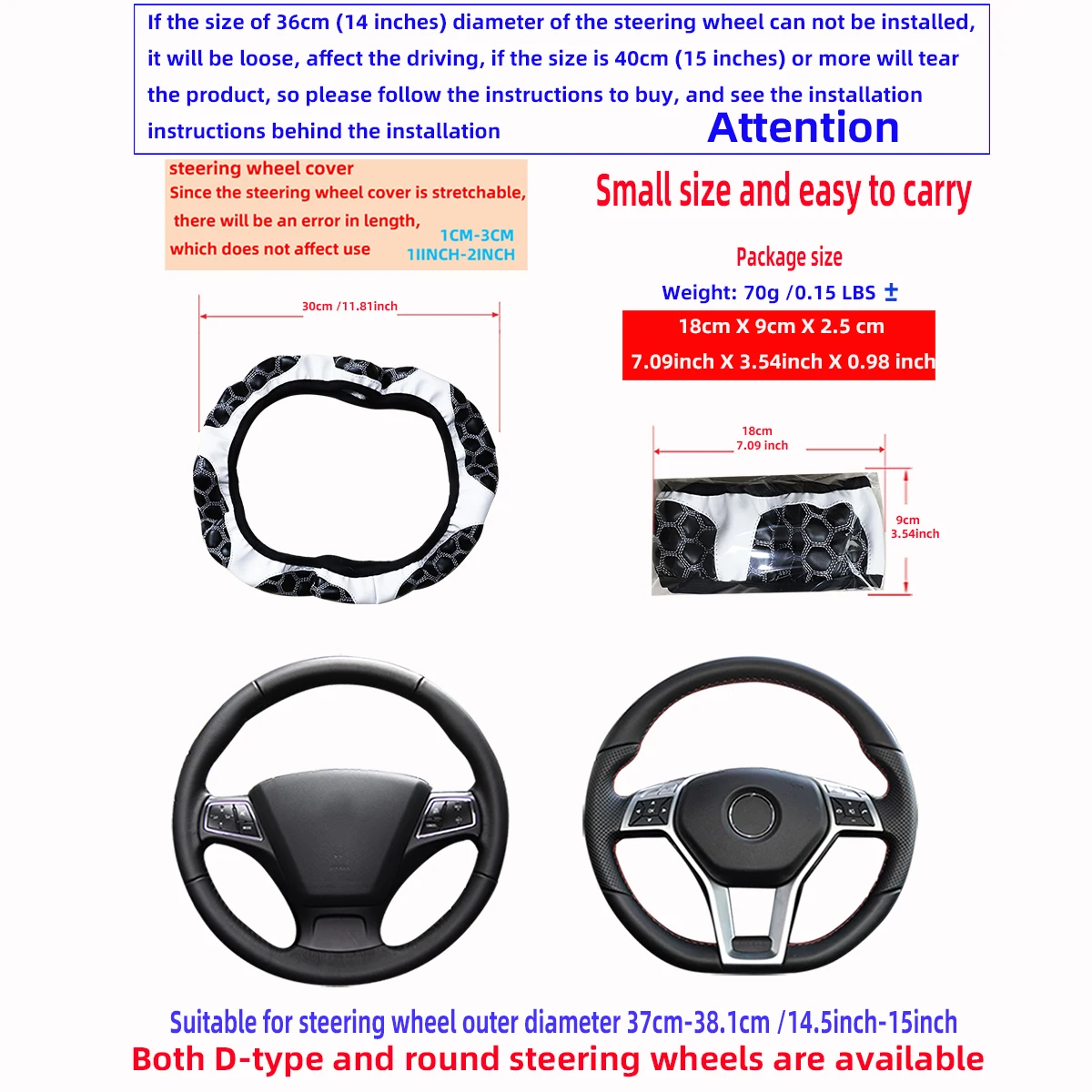 Black White Leather Hexagonal Embroidered Steering Wheel Cover Rimless Car Interior Accessory for 14-15 Inch Wheels view 4