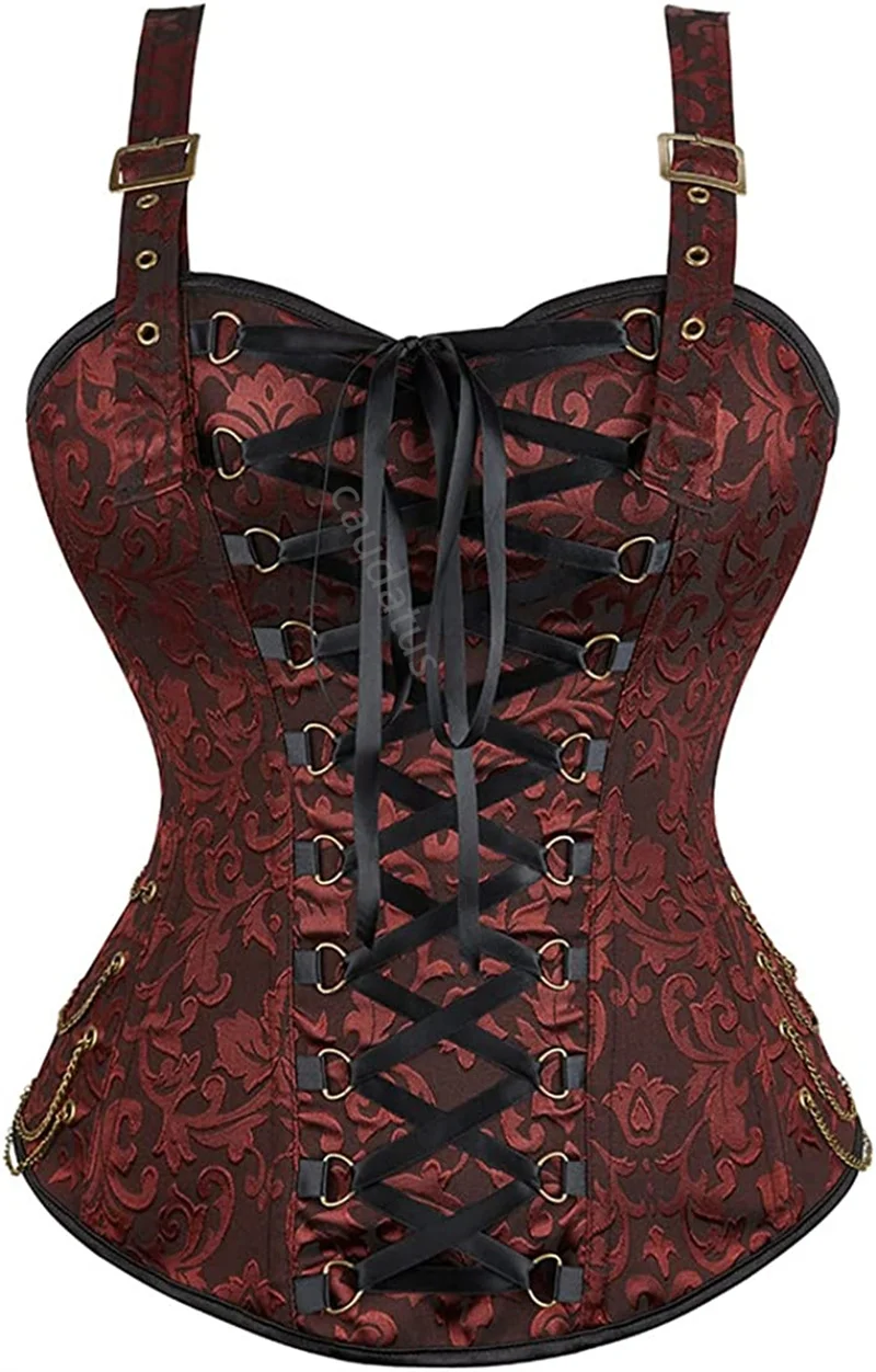 

Corset BustierTop with Straps Plus Size Lace Up Vintage Jacquard Steampunk Women Victorian Gothic Costume Renissance Brown Black