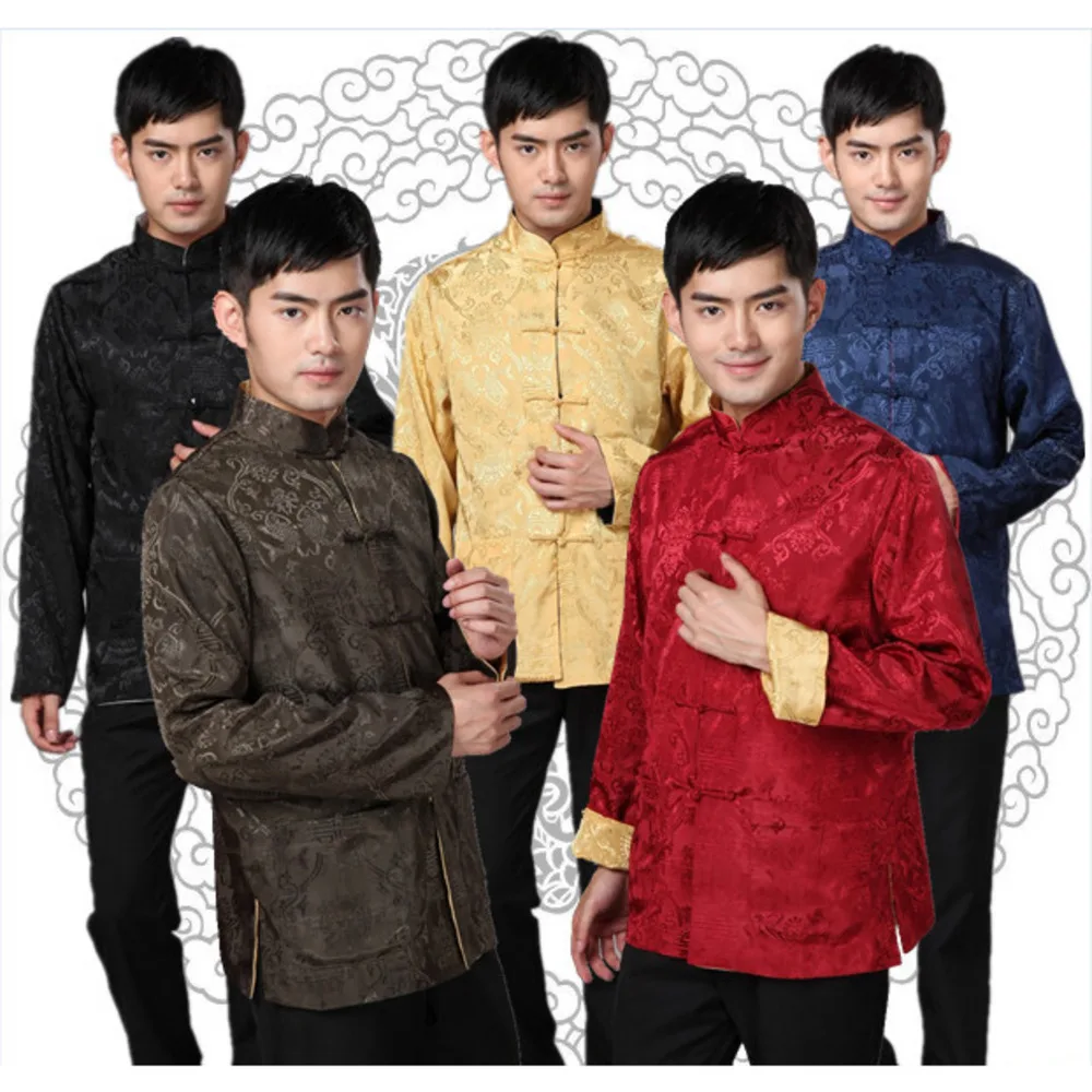 Mens Red Gold Black Blue Colors Traditional Chinese Clothing Chinese Traditional Wear Long Sleeve Two Sided Mens Shirts For Men