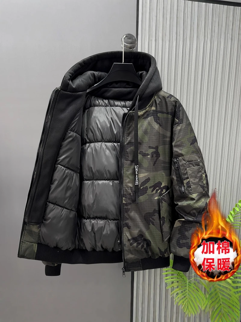 Autumn Winter Men's Retro False Two-Piece Camouflage Jacket - Plus Size Thickened Warm Casual Cotton Coat