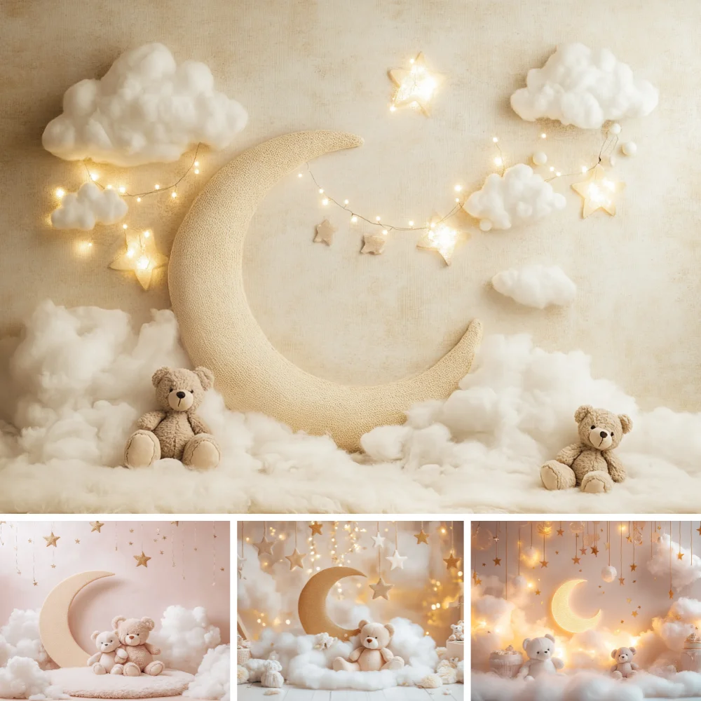 Children Baby Shower Cartoon Bear Clouds Star Crescent Butterfly Balloons Castle Photography Background Shooting Backdrop