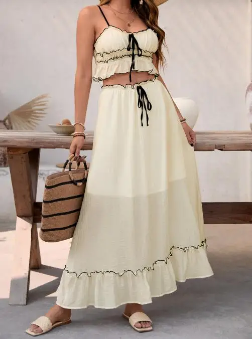 

2025 Sexy Elegant Summer 2 Piece Sets Womens Outfits New Leisure Seaside Vacation with Bow Lace Skirt Strap Set for Women