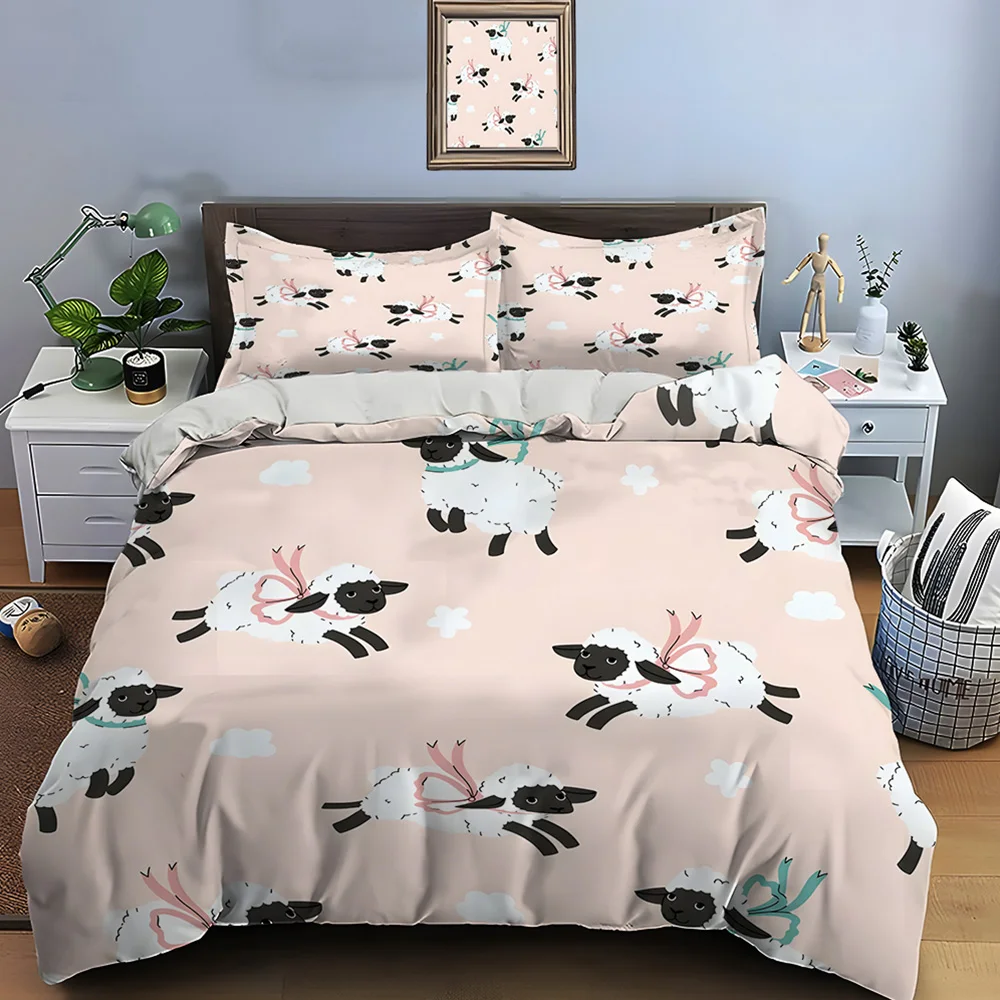 

Cute lambs on pink background Bedding Set for Kids Luxury Gift 3pcs Digital Print Comforter Set Soft Comfortable Breathable