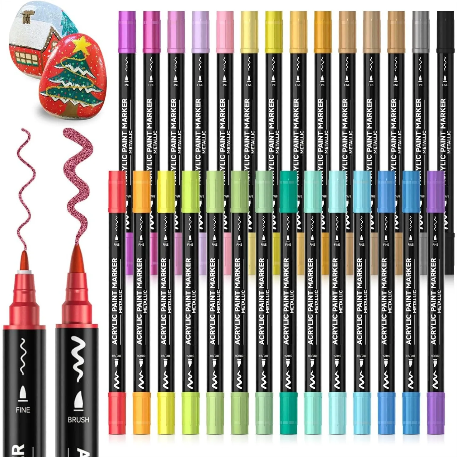 

28 Metallic Dual Tip Acrylic Paint Markers with Brush and Fine Tips for Rock, Canvas, Glass, Wood, and DIY Crafts