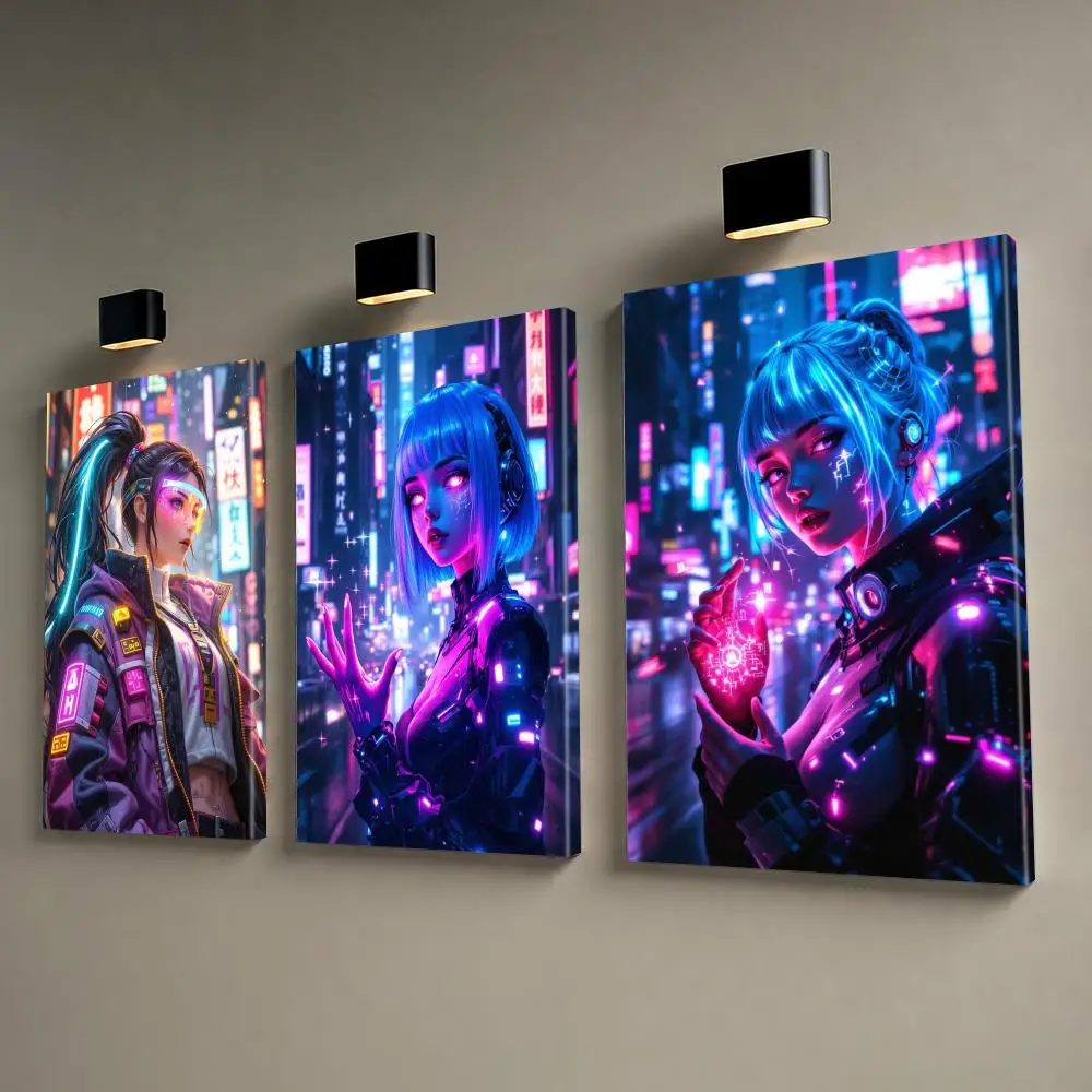 Neon Cyberpunk Girl Framed Wall Painting HD Canvas Wall Art Print | Optional Frame | Modern Hallway Home Wall Decor