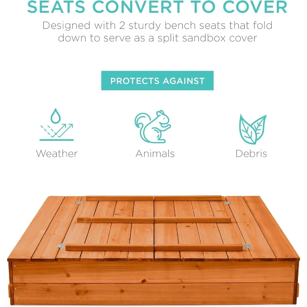 صندوق رمل خشبي خارجي كبير للأطفال، خشب الأرز مع مقاعد قابلة للطي وحماية من الرمال، بطانة سفلية متضمنة - بني