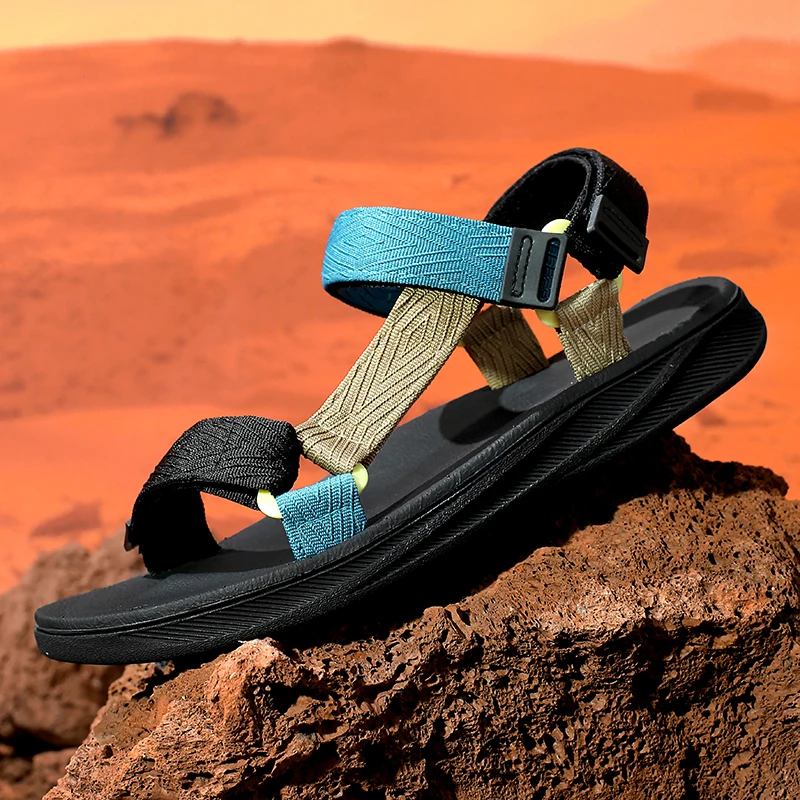 Men's Beach Shoes Soft Bottom Casual Hiking Sandals Breathable Mesh Upper Rubber Outsole Sporty Style Magic Tape Closure