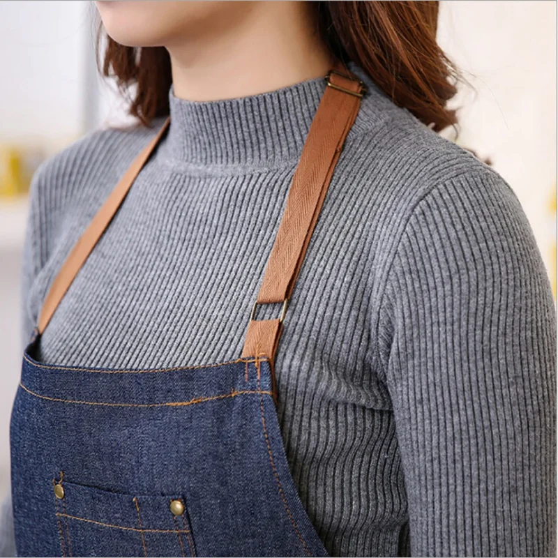 Denim Apron with 3 Pockets Unisex Jean Apron Adjustable Bib Apron for Women Men Home Work Kitchen Cooking Cafe Waiter Waitress