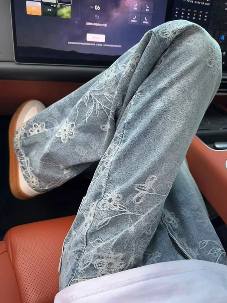 

Blue American Embroidered Denim Jeans Straight Leg Casual Faionable Men's Leisure Pants hine Embroidery Resistant to Wea...