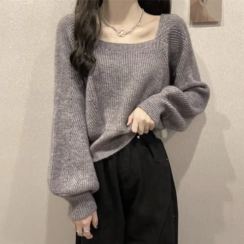 Autumn New Square Collar Loose Fit Slimming Plus Size High Quality Sweater Fashion Casual Temperament Solid Color Women's Top